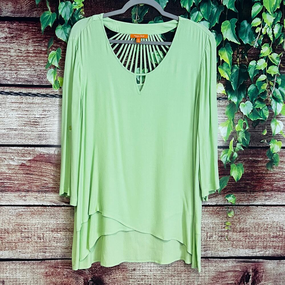 Vintage Pippa Blair Blouse Size XL Green Business Casual Shirt Asymmetric Sun